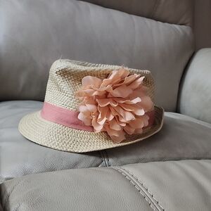Womens Beige Hat with Pink Flower Accent